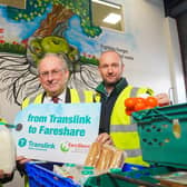 Nicola McCrudden (Homeless Connect), David Cowan (Translink) and Declan McKillop (FareShare). (Photo by Aaron McCracken).