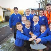 Pupils from Tonagh Primary School pictured with Brendan Sloan, Translink Programme Manager, as work begins on the school's new sensory garden. Pic credit: Translink