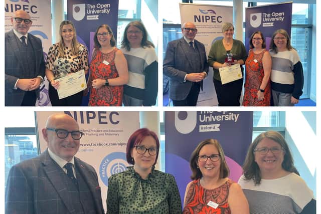 Northern Trust nurses Aiobhin McElroy, Shelley Taylor, and Gemma Harper with John D’Arcy, National Director OU Ireland, Cathy McCusker from NIPEC and Donna Gallagher, from Open University Professional Lead for School of Health and Wellbeing & Social Care. Photo: Northern Health and Social Care Trust