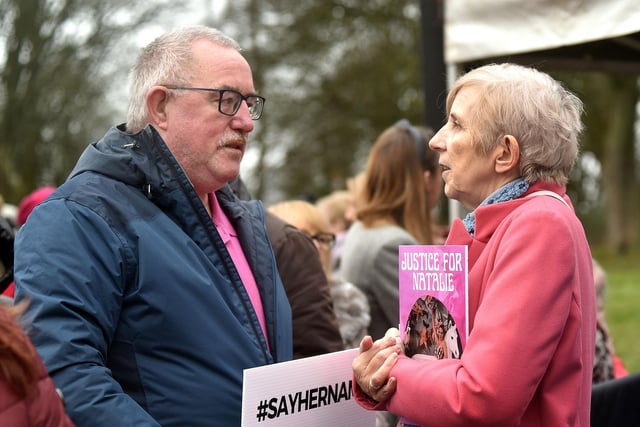 Portadown man, Gerard Beattie whose sister, Marian was murdered 50 years ago offers his support to the mother of Natalie McNally at Saturday's rally. Marian's murder remains unsolved. LM05-216.