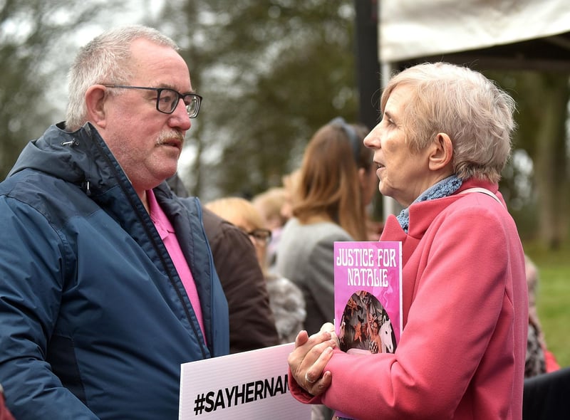 Portadown man, Gerard Beattie whose sister, Marian was murdered 50 years ago offers his support to the mother of Natalie McNally at Saturday's rally. Marian's murder remains unsolved. LM05-216.