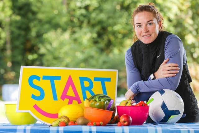 Supporting the START campaign is Marissa Callaghan, Northern Ireland Senior Women's International Captain as she encourages parents to take steps towards healthier family habits by reducing the amount of treats they give their children and to give healthier snacks when children are hungry.