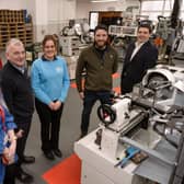 Pictured, from left, Alison Smyth, HR Executive at Tobermore Concrete; Peter Gormley, Managing Director at Sperrin Metal; Elita Frid, Education & Industry Engagement Manager at MEGA; Northern Regional College’s Ryan Stirling, lecturer in Engineering, and David Lynn, Curriculum Area Manager for Engineering. Pic: Chris Neely