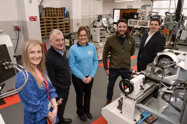 Pictured, from left, Alison Smyth, HR Executive at Tobermore Concrete; Peter Gormley, Managing Director at Sperrin Metal; Elita Frid, Education & Industry Engagement Manager at MEGA; Northern Regional College’s Ryan Stirling, lecturer in Engineering, and David Lynn, Curriculum Area Manager for Engineering. Pic: Chris Neely