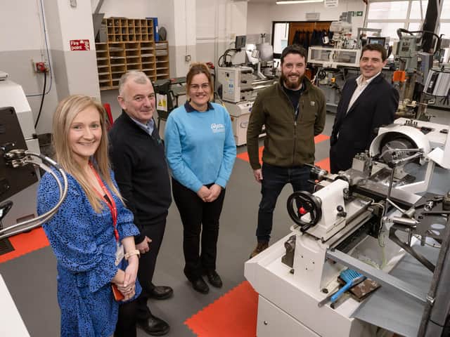 Pictured, from left, Alison Smyth, HR Executive at Tobermore Concrete; Peter Gormley, Managing Director at Sperrin Metal; Elita Frid, Education & Industry Engagement Manager at MEGA; Northern Regional College’s Ryan Stirling, lecturer in Engineering, and David Lynn, Curriculum Area Manager for Engineering. Pic: Chris Neely