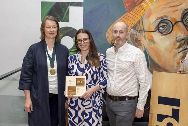 Roisin (centre) and Martin (right) of Marshall McCann Architects receiving the RIAI Award 2023 for Sustainability for their design, Silver Bark house, from President of the RIAI, Charlotte Sheridan. Credit Conor Healy / Picture It Photography
