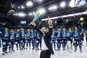 Belfast Giants' coach Adam Keefe celebrate winning the Challenge Cup last season. Photo by William Cherry/Presseye