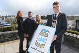Mayor of Causeway Coast and Glens, Councillor Ciarán McQuillan pictured at the JAM Card launch with (l-r) Grace McMullan, Physical Activity and Wellbeing Manager, Raj Kher, JAM Sales Director and Moira Quinn, Director of Corporate Services. CREDIT CCGBC