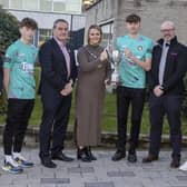 David Jackson, Chief Executive of Causeway Coast and Glens Borough Council, Ben Moore from Limavady Grammar School, Ciaran McLaughlin, GAA President, Deputy Mayor of Causeway Coast and Glens Borough Council, Councillor Kathleen McGurk, Luke Dennison from Limavady High School, Andy Smith, NI Executive, and Darragh McLean from St Mary’s High School, pictured at the Council Offices in Limavady where a reception was held to recognise Limavady Cúchulainns success at the recent All-Britain competition in London.