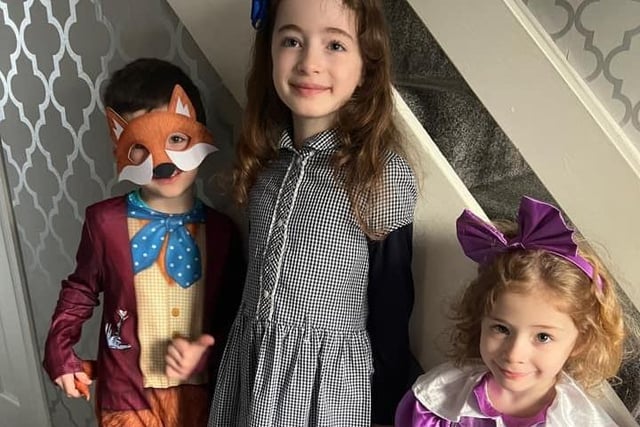 Corran Integrated Primary School pupils Caleb as Fantastic Mr Fox, Emily as Matilda and Caitlin as Veruca Salt from Charlie and the Chocolate Factory.