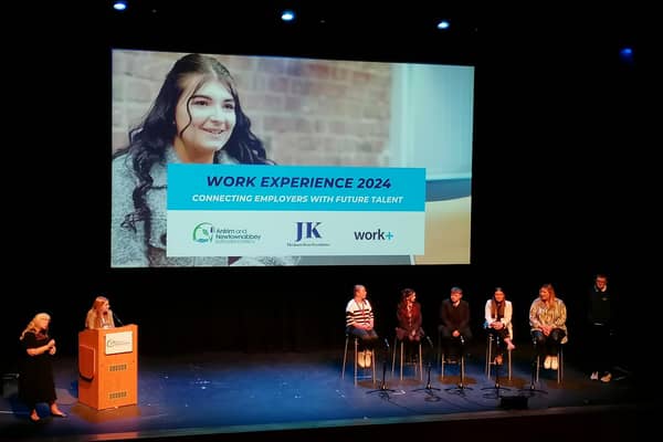 Students and teachers involved in the work experience initiative addressed the audience at Theatre at The Mill and explained the benefits of taking part in the scheme. (Pic: NI World).