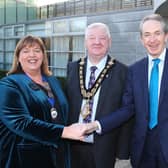 Mayor of Causeway Coast and Glens, Councillor Steven Callaghan with new High Sheriff of County Londonderry, Linda Steele and her predecessor Peter Wilson at the handover ceremony in Cloonavin. Credit Causeway Coast and Glens Council