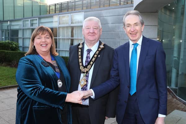 Mayor of Causeway Coast and Glens, Councillor Steven Callaghan with new High Sheriff of County Londonderry, Linda Steele and her predecessor Peter Wilson at the handover ceremony in Cloonavin. Credit Causeway Coast and Glens Council