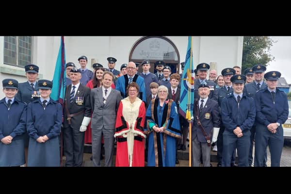 Dep Lieutenant The Hon Shane O’Neill (left centre); Mayor Alderman Gerardine Mulvenna; councillors, servicemen, servicewomen, cadets and veterans with other attendees at the Act of Remembrance.  Photo: Carrickfergus RAFA branch