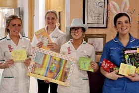 Staff in the Neonatal Unit with the Easter gifts, Bonnie McDowell, Dawn Cheevers, Caitlin Albarando and Shauna Mageean. Pic credit: SEHSCT