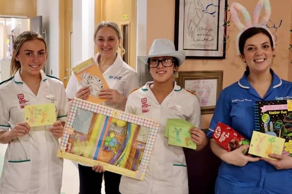 Staff in the Neonatal Unit with the Easter gifts, Bonnie McDowell, Dawn Cheevers, Caitlin Albarando and Shauna Mageean. Pic credit: SEHSCT