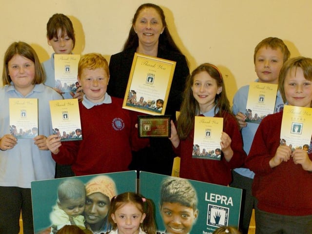 Lesley Ann Starrett Northern Ireland Community Fundraiser with Pond Park Primary School pupils who helped raise £7833.36 to support Lepra's work curing people of Leprosy in 2007
