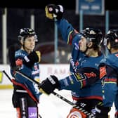 Belfast Giants’ Colby McAuley celebrates scoring against the Guildford Flames during Sunday’s Elite Ice Hockey League game at the SSE Arena, Belfast.    Photo by William Cherry/Presseye