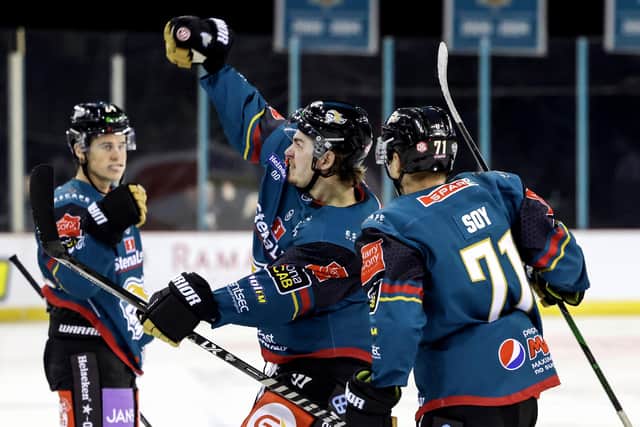 Belfast Giants’ Colby McAuley celebrates scoring against the Guildford Flames during Sunday’s Elite Ice Hockey League game at the SSE Arena, Belfast. Photo by William Cherry/Presseye