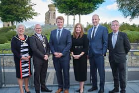 US Special Envoy to Northern Ireland for Economic Affairs, Joe Kennedy III arriving at Hill of the O’Neill, Dungannon, pictured with (L-R) Deputy Chair, Mid Ulster District Council, Cllr. Meta Bell; Chair, Mid Ulster District Council, Cllr. Dominic Molloy; Head of the NI Civil Service, Jayne Brady; US Consul General, James Applegate and Chief Executive, Mid Ulster District Council, Adrian McCreesh. Credit: Mid Ulster Council