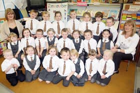 Harmony Hill Primary One Classroom Assistant Miss Georgina Kidd and Teacher Mrs Linda Grimason and her Primary One Class pictured in 2008