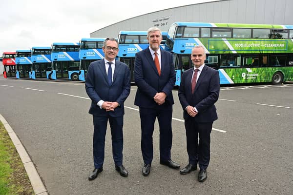 Infrastructure Minister John O’Dowd has welcomed the roll-out of 100 new battery electric buses in a £64million investment by his Department in the decarbonisation of public transport. The zero emission buses will comprise of 79 double deck and 21 single deck and will enter the Translink fleet in Belfast, Derry, Limavady, Strabane, Coleraine and Portadown. John O’Dowd, Minister, Department for Infrastructure pictured with Chris Conway, Chief Executive, Translink and Jean-Marc Gales, Chief Executive, Wrightbus.Picture: Arthur Allison / Pacemaker Press.