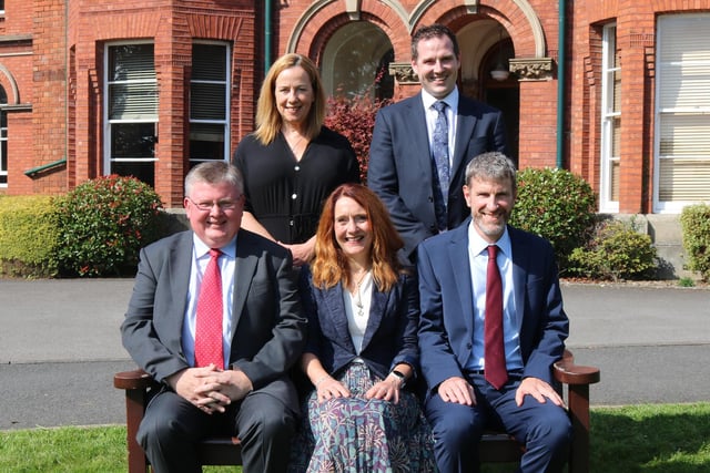 The Platform Party: Back Row: Sarah Cochrane (Vice-Principal) and Steven Alexander (Vice-Principal).  Front Row: Andrew Greer (Chairman of the Board of Governors), Heather McLachlan (Guest Speaker) and Stephen Moore (Principal).