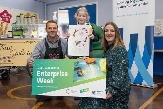 Grace Adams from Olderfleet Primary school with Christine Barnhill, Economic Development Officer and Karl Wilson from True Gelato. Photo: Colm McCann
