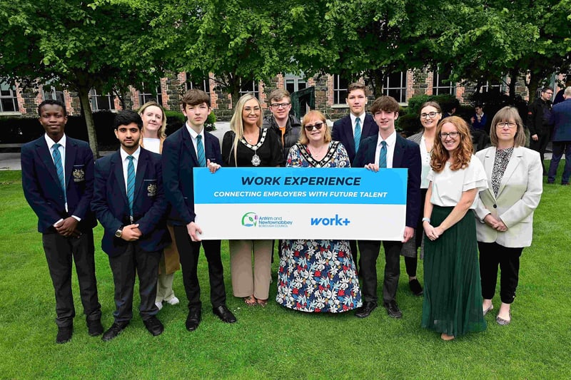 Mayor or Antrim and Newtownabbey, Councillor Leah Kirkpatrick, and Deputy Mayor Councillor Julie Gilmour, with pupils from Integrated College Glengormley and work placement providers, BIA and the Rabbit Hotel.