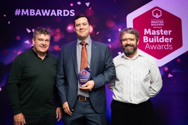 Pictured are Setanta Construction Director Niall Gribbin; Steven Oldham of Northstone Materials, the Northern Ireland Master Builder Awards sponsor; and Setanta Construction Director Mark Gribbin. Credit: Federation of Master Builders