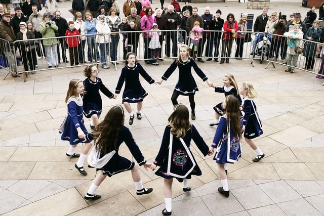 Performers from the Marlene Dunlop School of Irish Dancing pictured at the Diamond in Coleraine on St Patrick's Day in 2008