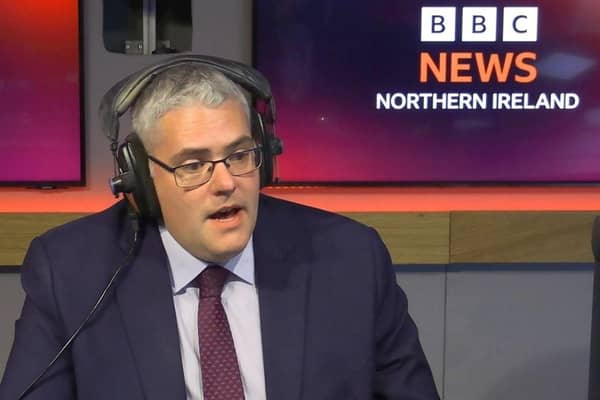 DUP leader Gavin Robinson has said the party's deal will remove the border in the Irish Sea for UK goods - and defended Sir Jeffrey Donaldson's claim that it was removed, saying it's what it will do, not what had happened at that point. Photo: BBC News NI