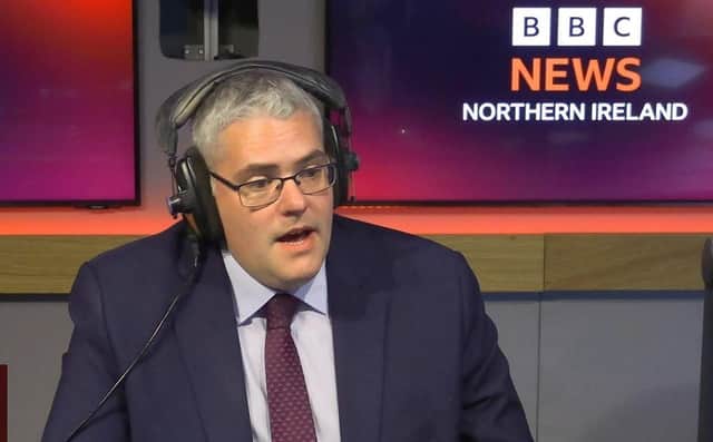 DUP leader Gavin Robinson has said the party's deal will remove the border in the Irish Sea for UK goods - and defended Sir Jeffrey Donaldson's claim that it was removed, saying it's what it will do, not what had happened at that point. Photo: BBC News NI