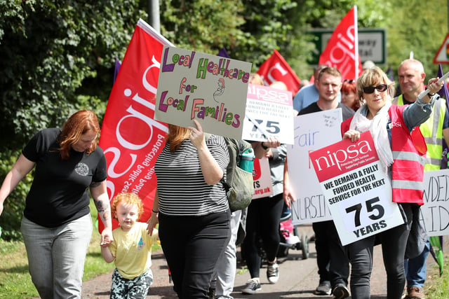 Campaigners on the march between Causeway Hospital and Coleraine town hall on Saturday.