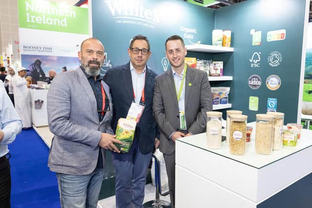 Cesar Touma, Market Manager and Danny Maalouf, Government Relation and Business Development Manager, Qatar Quality Products and Stuart Best, Business Development Manager, White’s Oats of Tandragee, Co Armagh.