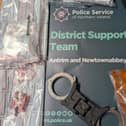 District Support Team officers located £8,000 worth of drugs after responding to a one vehicle road traffic collision on Station Road, Newtownabbey.  Photo: PSNI