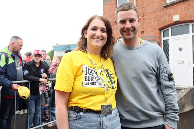 Joey Dunlop's daughter, Joanne pictured with six times World Superbike champion, Jonathan Rea during the Joey Dunlop 25 Celebration in Ballymoney.
