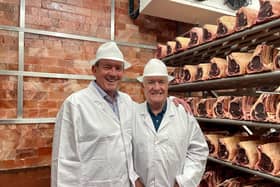 Peter Hannan, founder and managing director of Hannan Meats, left, with chef/broadaster Nick Stein in the world’c biggest complex of Himalayan salt chambers for ageing meat at Hannan Meats in Moira.