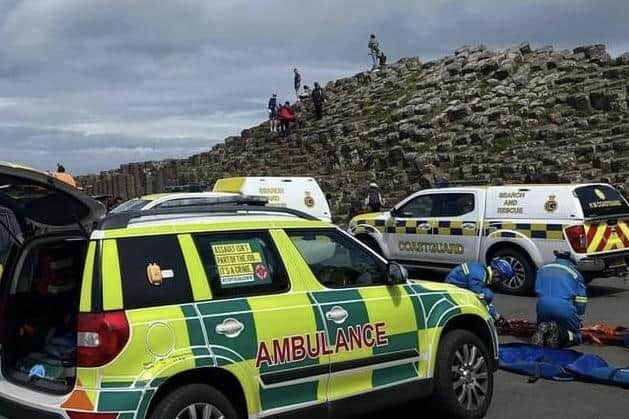 A visitor to the Giant's Causeway fell on the stones, sustaining head, spinal and rib fractures. The teams assisted ambulance personnel evacuate the casualty using a rope rescue stretcher over the difficult terrain. Credit McAuley Multimedia