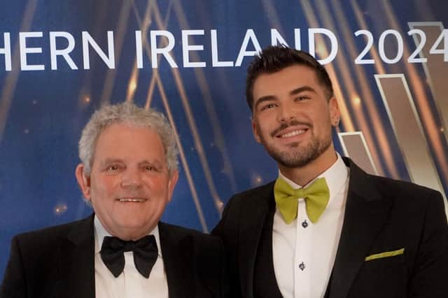 Kilrea designer Thomas Irwin (right) with Funeral Awards NI host Adrian Logan. Credit Thomas Irwin