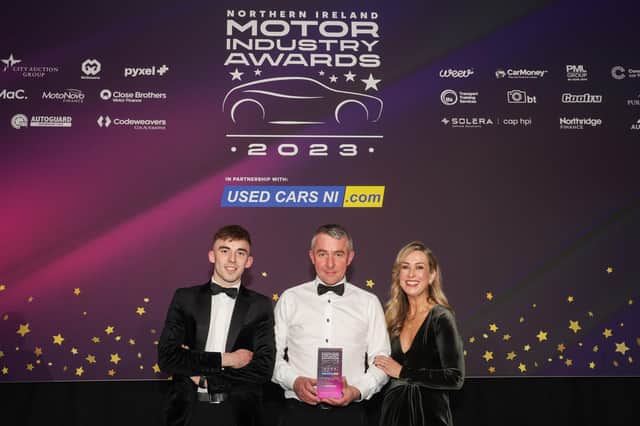 From left to right, Jonny McKee and Ian Lamont, Roadside Motors and Lyndsey Kerr, UK Dealer Director at CarMoney. Credit Brian Thompson