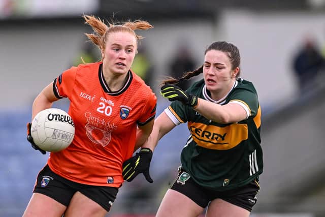 Blaithin Mackin of Armagh in action against Fay O'Donoghue of Kerry. Pic: Piaras Ó Mídheach / Sportsfile
