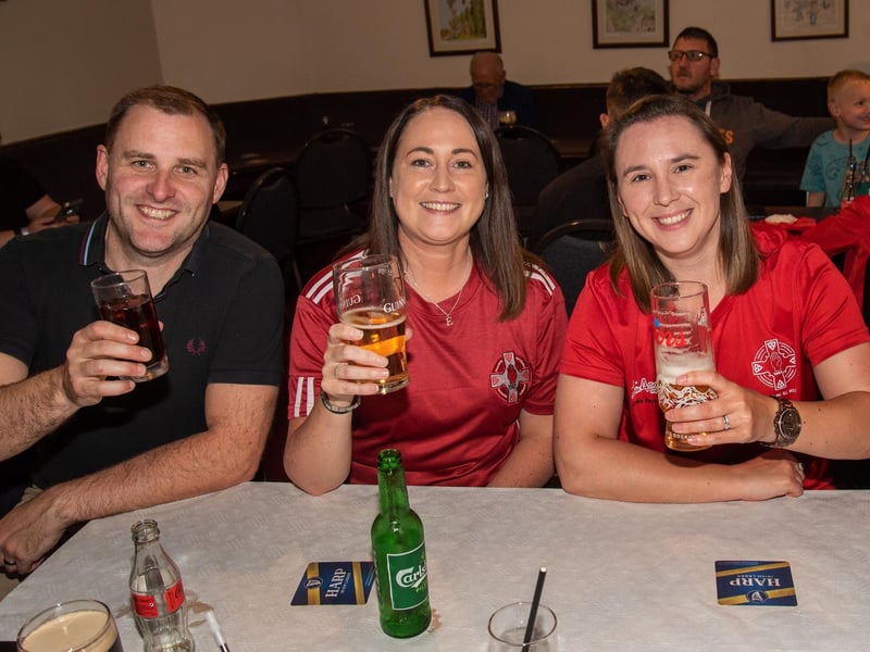 Enjoying the Daniel Wiffen watch party are from left, Peter McCappin, Evelyn McCappin and Helen McTokell. LM32-201.