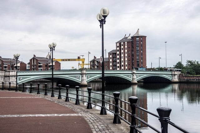 The Albert Bridge stretches across the River Lagan, bringing modern design to the north Belfast body of water. 
The end of the bridge features The Lady With The Hoop, a sign of development and peace for the once-troubled city.