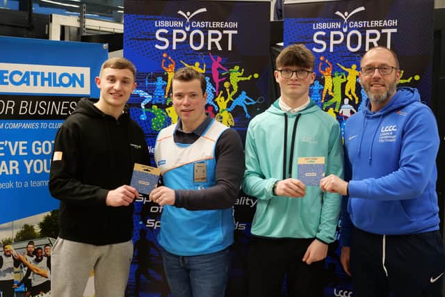 David Martelli, Matthew Ferguson, Communication Manager, Decathlon Belfast, Fionn Dobbin and Lisburn & Castlereagh City Council Sports Development Officer, Faron Morrison. Pic credit: LCCC