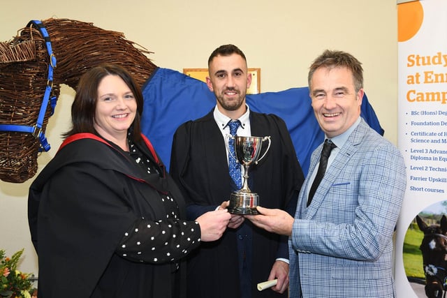 Damien Moran (New Ross, Co Wexford) was presented with the Forging Cup by Mr Paul Duddy, for demonstrating the most commitment to the Farrier Upskilling programme. Damien was congratulated by Julie McSwiggan, senior technologist, at the Enniskillen Campus ceremony
