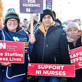Supporting the strike call at Craigavon Area Hospital  are from left, Rachel Avevor, Patrick Balagtas and Andrea Breen. PT50-204.