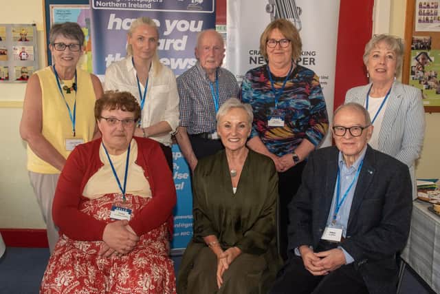 The NI Commissioner for Older People, Siobhan Casey, front centre, pictured with representatives of various Talking Newspapers at a visit to the Craigavon group at Armagh Road Presbyteran Church Hall. Included are back row from left, Alison Coyle (Newtownards), Jackie Cotton (Mid Ulster), Gervaise McCartan (Newry), Marion McLaughlin (Fermanagh) and Moira Shaw (Mid-Ulster). Front, Patricia McGuinness and William Davidson (craigavon). PT15-200.