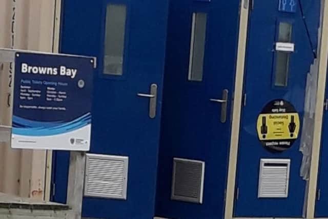 Portable toilets at Brown's Bay in Islandmagee. Pic supplied by Local Democracy Reporting Service.
