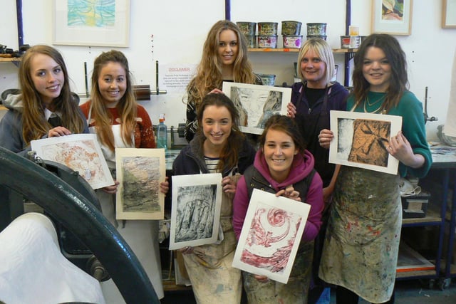 Friends’ School A Level pupils visited Seacourt Print Workshop in Bangor in 2012 to develop their Intaglio printmaking skills. The Friends’ School students are pictured with Penny Brewill of Seacourt, who led the workshop.